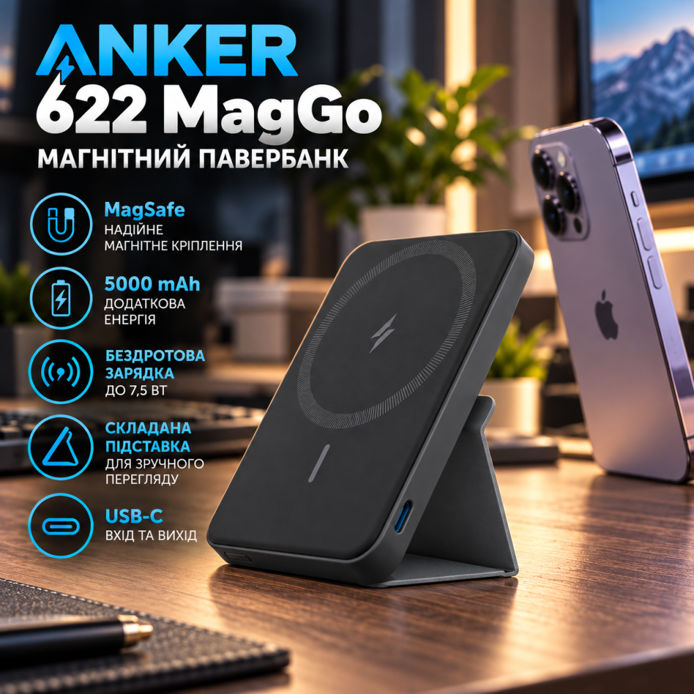 Магнітний павербанк Anker 622 (MagGo) 5000 mAh: бездротова зарядка MagSafe, складана підставка, USB-C, для iPhone 12-15 — Чорний Київ - фото 7