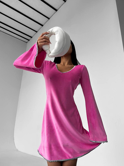 Стильное женское платье  с v-вырезом турецкий велюр Розовый, 44/46 Одесса - изображение 5