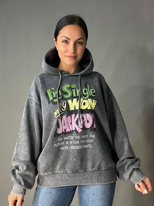 Худи женский A-N 25040 удлиненный оверсайз с капюшоном вареный дай цветная надпись впереди one size, графит, one size Киев - изображение 17