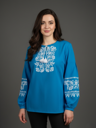 Шифоновая синяя борщевская женская вышиванка с длинным рукавом в голубом цвете Киев