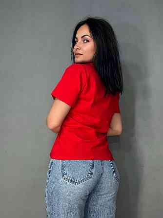 Футболка жіноча A-N 30103 базова з вишивкою La Poésie Paris однотонна, червоний, one size Київ