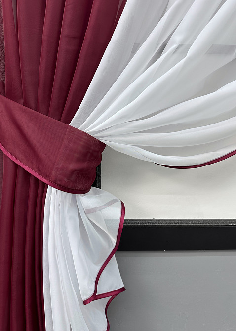 Кухонні шторки VR-Textil № 096к з підв'язками бордовий з білим 400х170 см (52-1219) Київ - фото 3