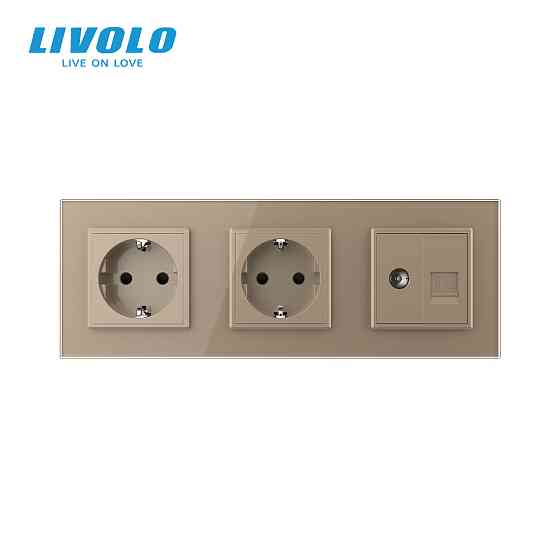 Розетка тримісна комбінована Силова Інтернет ТБ Livolo золото скло (VL-C7C2EU1C1V-13) Коломыя