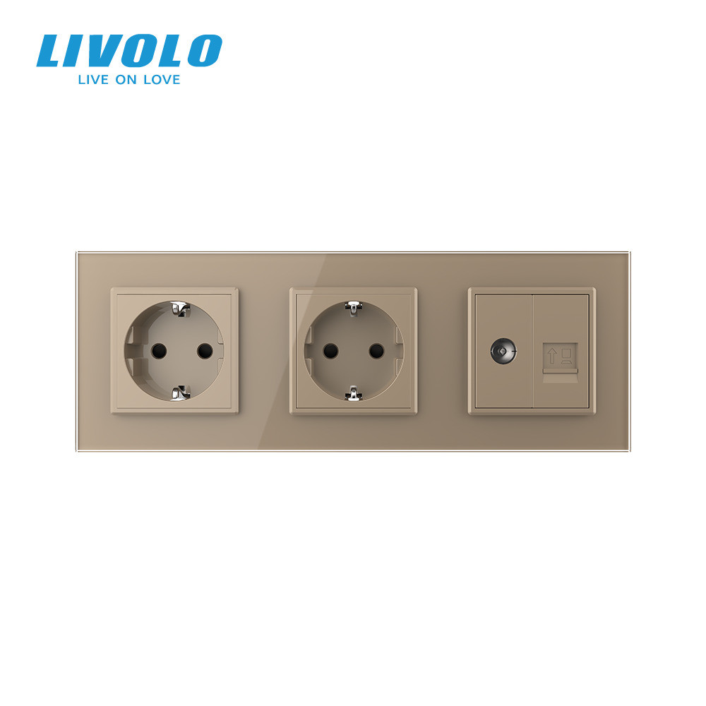 Розетка тримісна комбінована Силова Інтернет ТБ Livolo золото скло (VL-C7C2EU1C1V-13) Коломыя - изображение 4