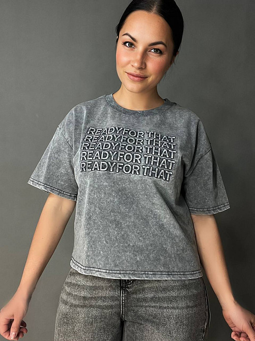 Футболка женская A-N 26031 вареная тай дай оверсайз с объемной надписью серая, серый, one size Киев - изображение 11