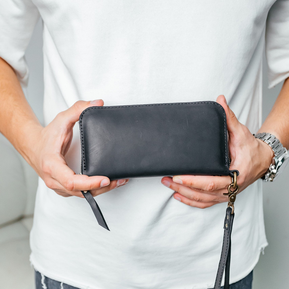 Чоловічий шкіряний гаманець, місткий клатч із відділеннями на блискавці, Crazy Horse, чорнийMasterSem Київ - фото 3