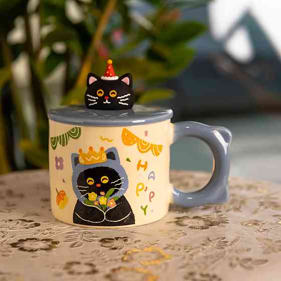Кубок порцелянова з кришкою Kitten's Birthday 400 (мл) подарункова кружка прикольна чашка для дітей на подарунок Синій FM-24A Коломия