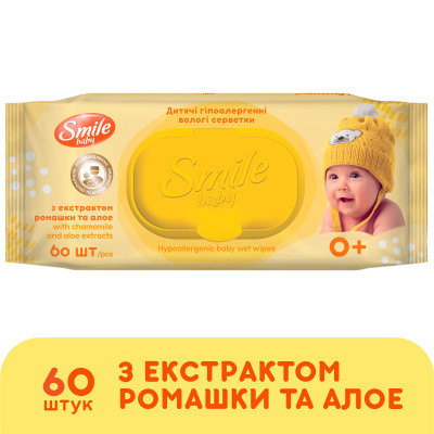 Детские влажные салфетки Smile baby с экстрактом ромашки, алоэ и витаминным комплексом с клапаном 60 шт. (4823071655049) Винница - изображение 2