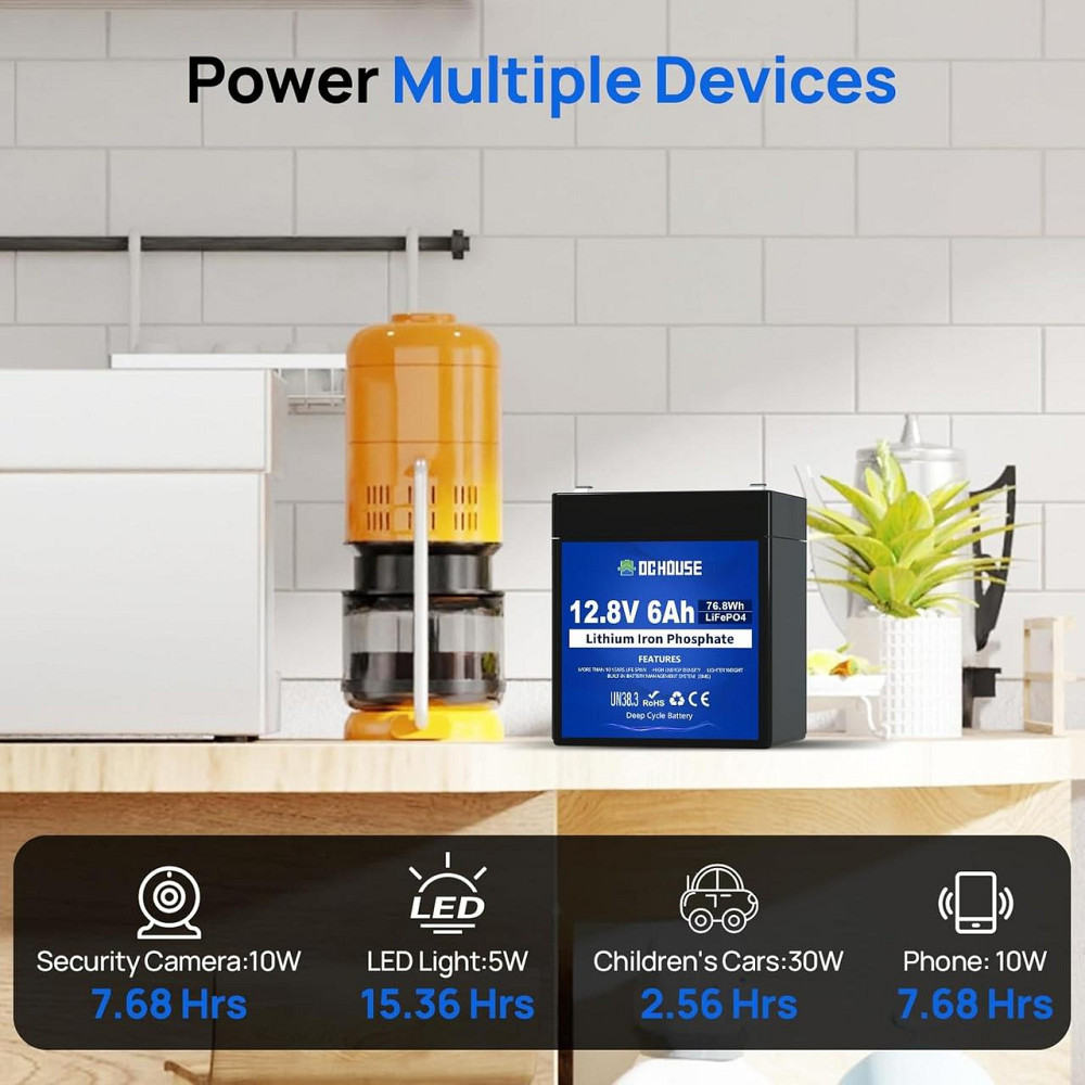 Акумулятор DCHOUSE B0CPPBKL16 12В 6А·год чорний LiFePO4 з BMS 3000+ циклів перезаряджувальний для кемпінгу, сонячних систем, Київ - фото 7