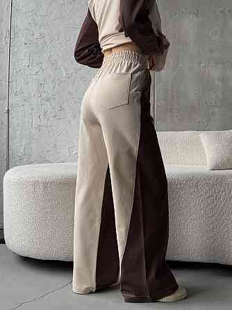 Жіночий ефектний комбінований костюм-двійка: кофта та штани джинс-котон + турецька двонитка Шоколадний, 46/48 Одеса