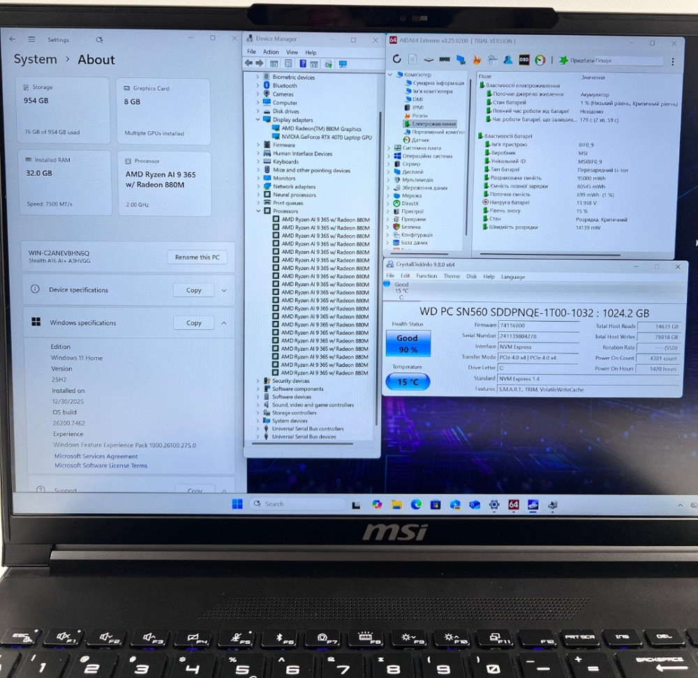 MSI Stealth A16 AI+ Ryzen AI9 365 32GB 1TB SSD RTX 4070 QHD+ 240Hz. Харків - фото 7
