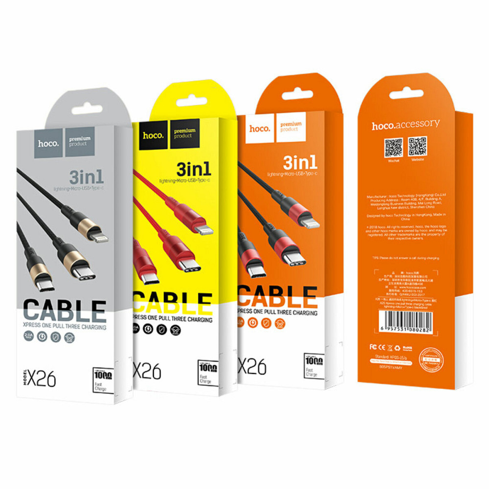 Кабель HOCO X26 Xpress one pull three charging cable iP+Micro+Type-C Black+Red Київ - фото 5