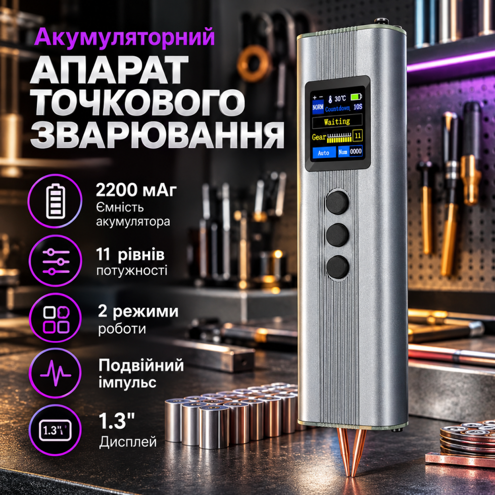 Акумуляторний апарат точкового зварювання 2200 мАг, 11 рівнів потужності, 2 режими, подвійний імпульс, дисплей 1,3 Київ - фото 2