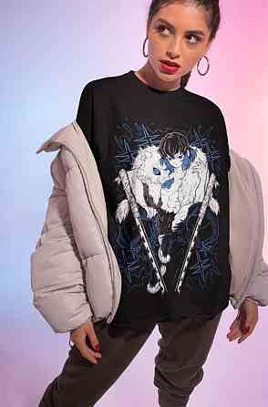 Футболка чоловіча з аніме принтом Вбивця демонів оверсайз (S/M/L) Чорний AnimeJ1180 Дніпро