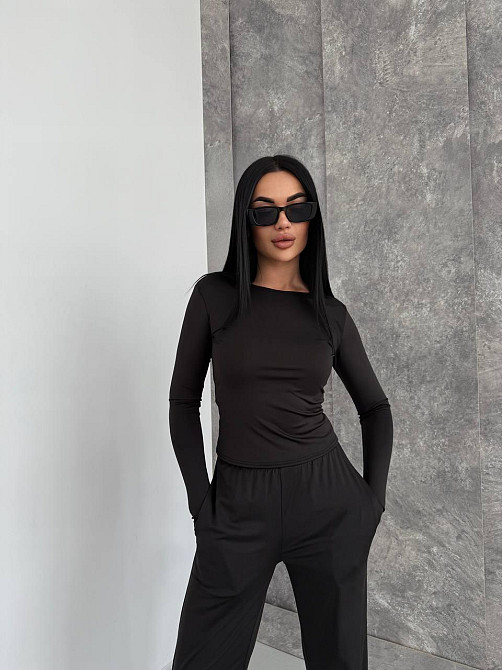 Женский базовый костюм тройка: лонгслив, футболка и штаны микродайвинг Черный Одесса - изображение 4