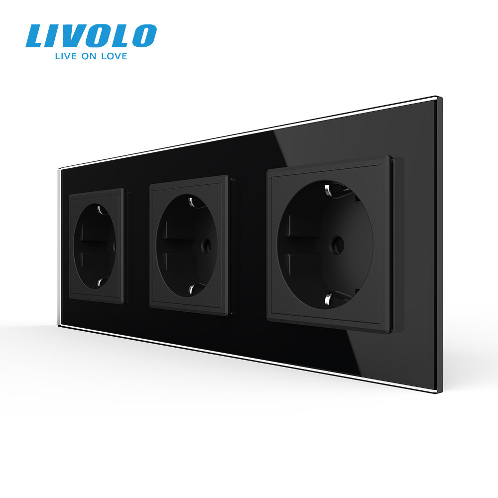 LIVOLO Потрійна електрична розетка з заземленням LIVOLO, чорна, скляна матова рамка, шторки, 25 Коломия - фото 9