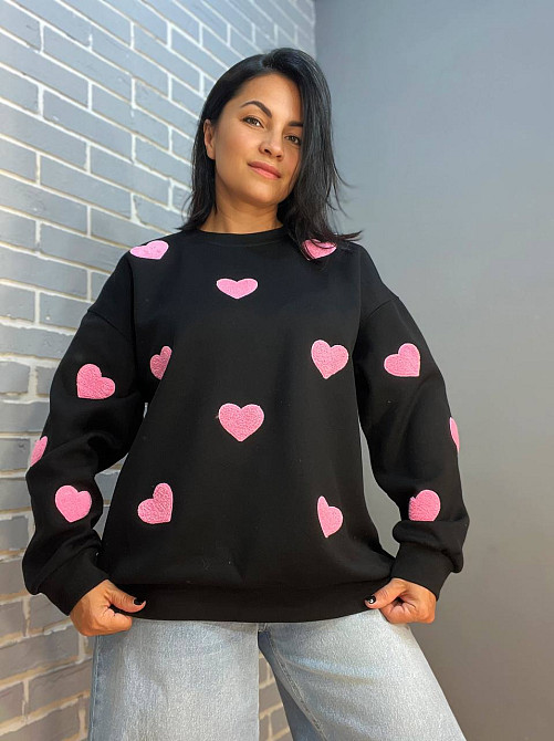 Свитшот женский W 2975 оверсайз с объемными сердцами, черный, one size Киев - изображение 11