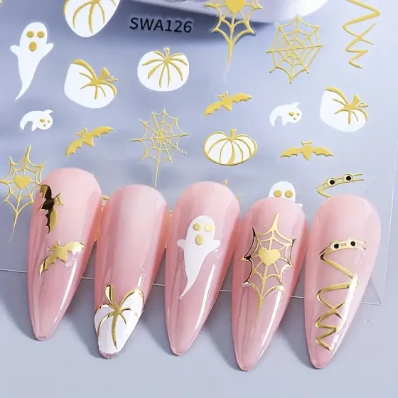 3D наклейки для нігтів Осінь і Хелловін – гарбузи, привиди, павутина, листя, золотий декор 2 аркуші Київ
