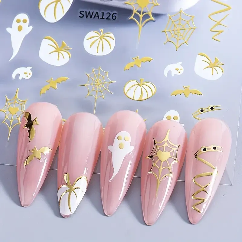 3D стикеры для ногтей Осень и Хэллоуин – тыквы, привидения, паутина, листья, золотой декор 2 листа Киев - изображение 2