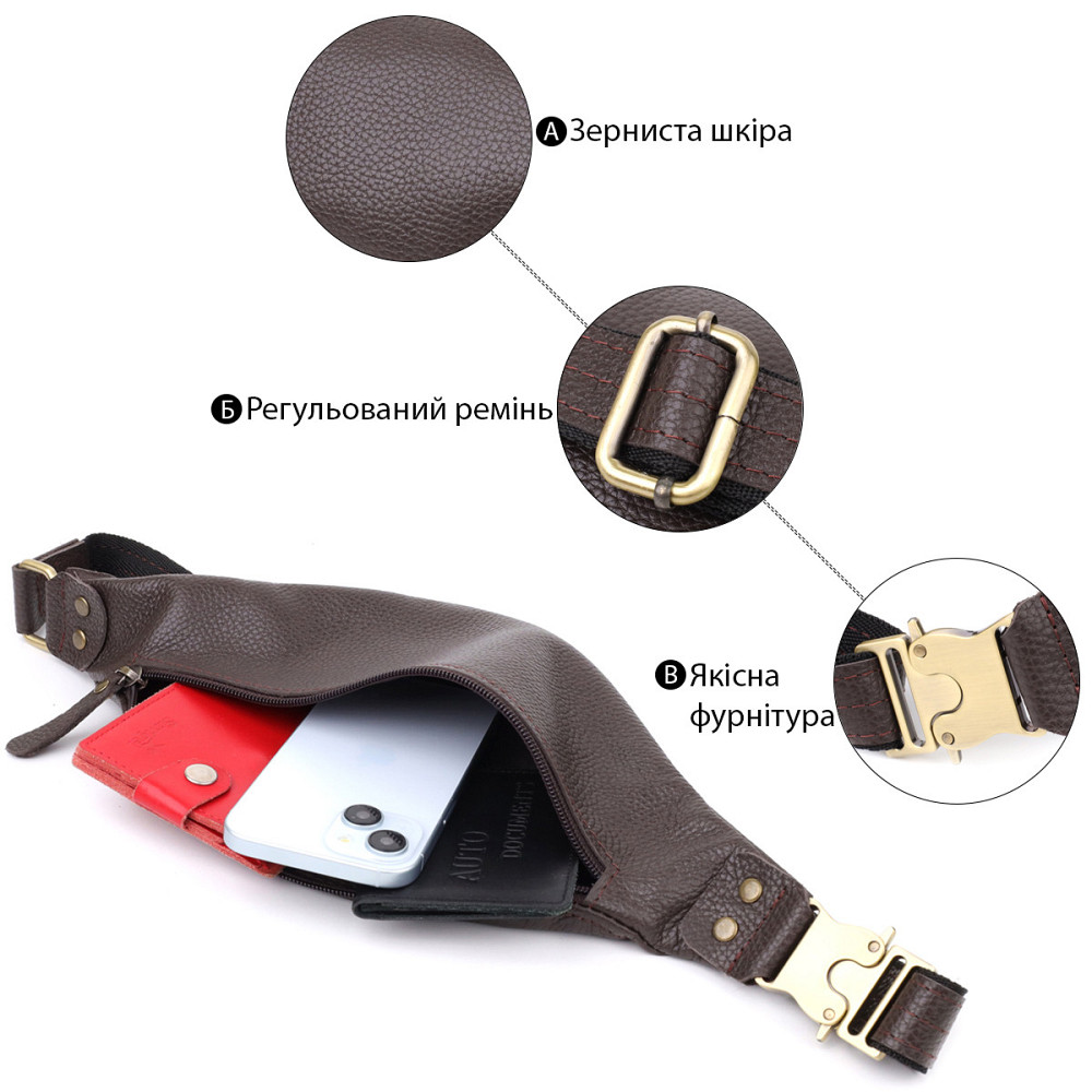 Модна сумка бананка для чоловіків із зернистої натуральної шкіри Коричневий (SHVIGEL) Київ - фото 8