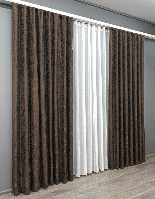 Комплект штор VR-Textil Льон Мармур 200х270 2шт і Тюль 500х270 1910ш-115т Венге з білим 71-130/6 Київ - фото 3