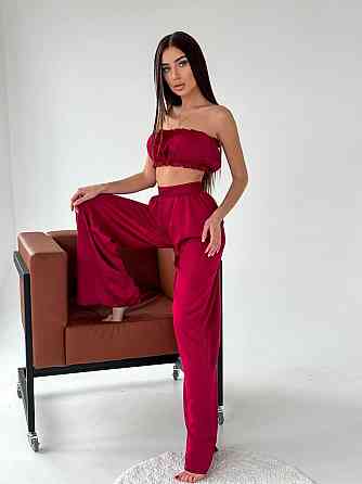 Жіноча піжама-трійка: топ шорти та штани із шовку армані Бордо, 42/44 Одеса