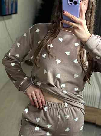 Женский уютный домашний костюм двойка с сердечками турецкий плюш-велюр Мокко, 46/48 Одесса