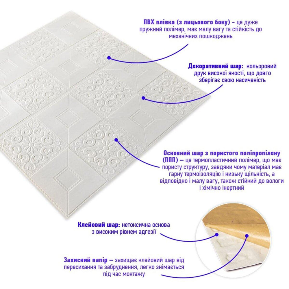 Самоклеюча декоративна настінно-стельова 3D панель 700х700х3мм Білий(114-3) SW-00000697 Дніпро - фото 2