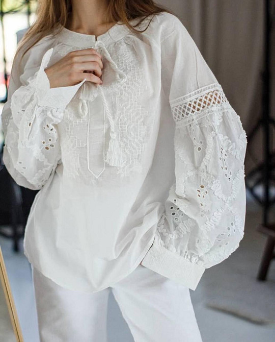 Женская праздничная белая вышиванка с завязками 80% хлопок, 20% полиэстер 44 Одесса - изображение 2