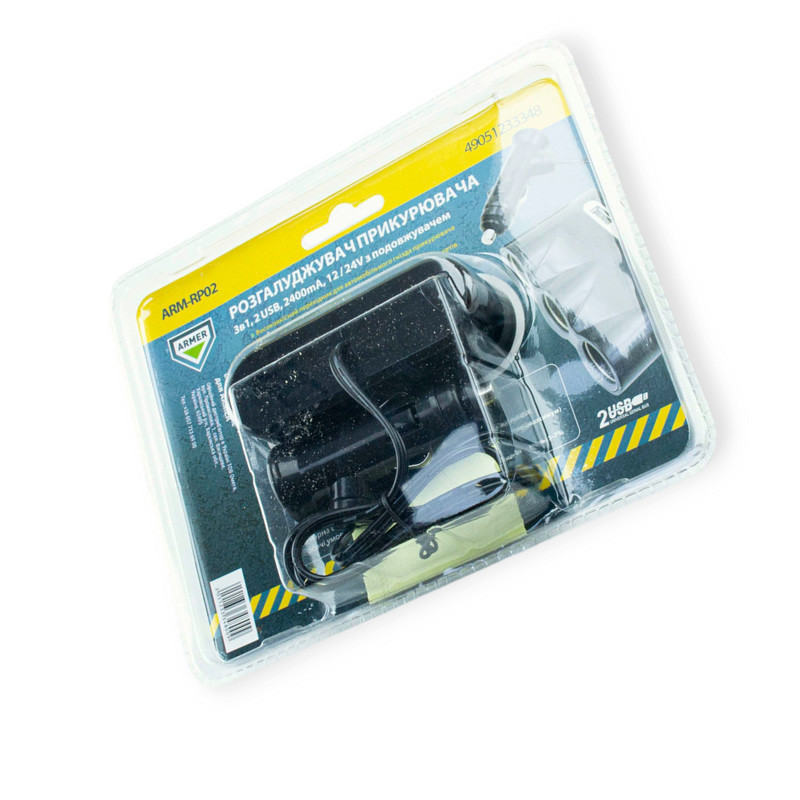 Розгалужувач прикур. 3 вих. 5А, 60Вт, 2 USB 2.4А, провід 1,0м Євро Мукачево - фото 1