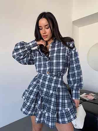 Жіночий стильний костюм-двійка: сорочка та спідниця в карту тіар Джинс, 46/48 Одеса