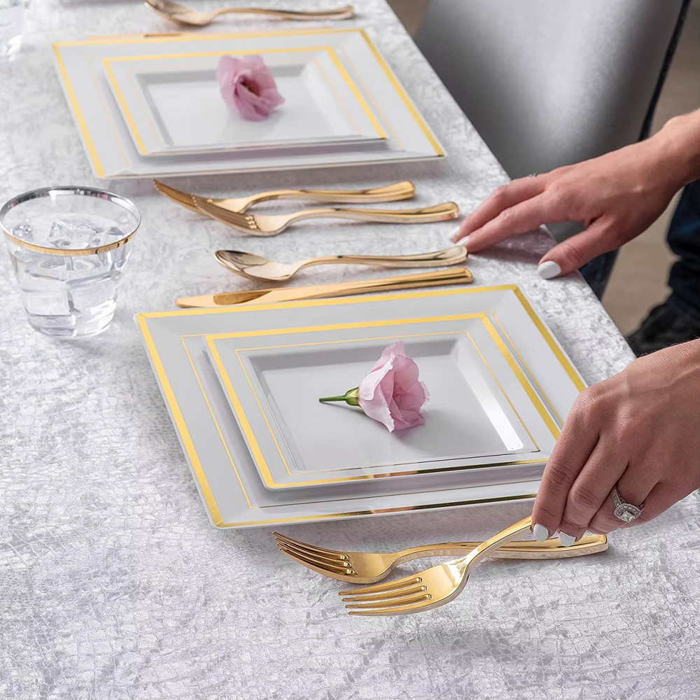 Набор тарелок пластиковых 12 шт квадратные,десертные 16.5 см и обеденные 24 см, с золотистым контуром Каменец-Подольский - изображение 8