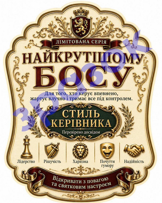 Етикетка на пляшку “Для найкрутішого боса” + контретикетка “Найкрутішому босу” | подарункова наліпка керівнику, начальнику, босу Одеса - фото 1