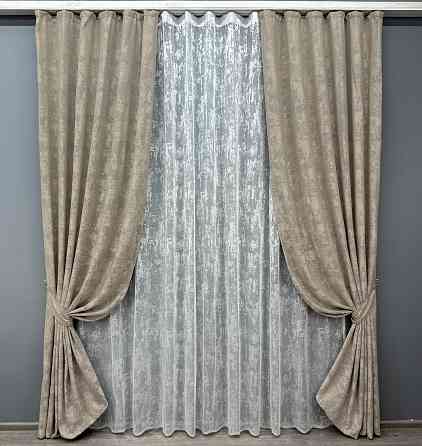 Комплект штор VR-Textil Жаккард Мрамор 200х270 2шт и Тюль 500х270 1208ш-1400т Бежево-серый с белым 71-006/6 Киев