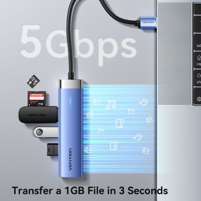 Концентратор Vention USB 3.0 to USB 3.0x3/RJ45/Type-C Hub Blue Aluminum Alloy 5-in-1 (TGFSB) Винница - изображение 7