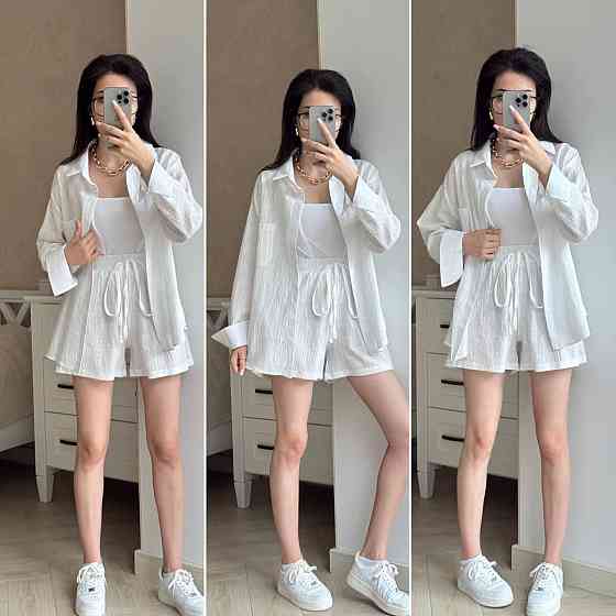 Жіночий літній костюм-двійка: сорочка та шорти турецький льон жатка Молочний, 46/48 Одеса