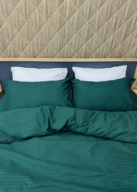 Комплект постільної білизни Страйп-сатин Євро 200х230 з простирадлом на резинці Смарагдовий (88-164) Київ - фото 5