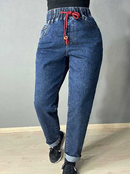 Джинси жіночі Vanver 8275 MOM на резинці зі шнурком великі розміри сині , синій, 42., 42, 120 см, 145 см Київ - фото 1