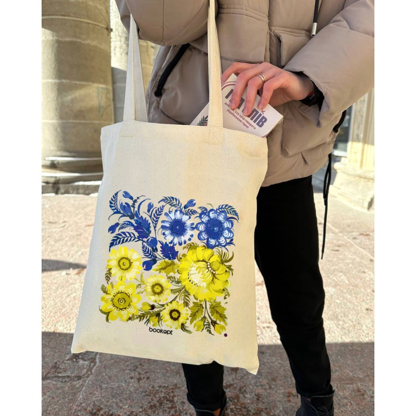 Екошопер BookOpt BK4004 Петриківський розпис Синьо-жовті квіти бежевий Киев - изображение 9