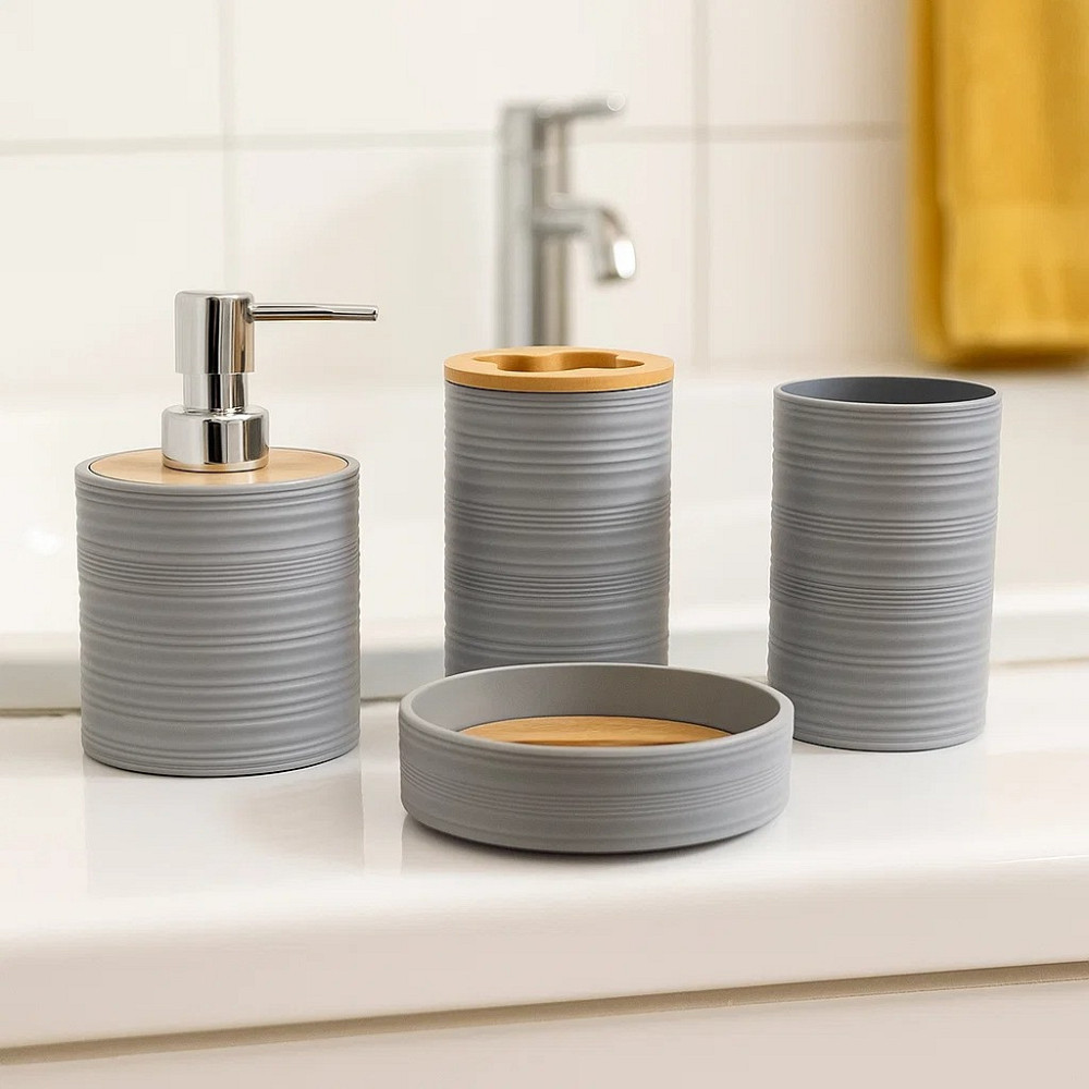 Набор аксессуаров 4в1 для ванной и душа, мыльница,дозатор для мыла, стаканы,пластик серый Каменец-Подольский - изображение 1