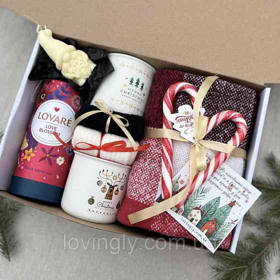 Новорічний набір для двох: плед , 2 чашки,чай, 2 пари вовняних шкарпеток Ірпінь