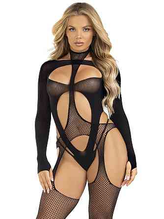 Бодістокінг 2 в 1 Leg Avenue Bodystocking with cutout teddy, One Size, чорний, панчохи-сітки і тедді Sex Aura Київ