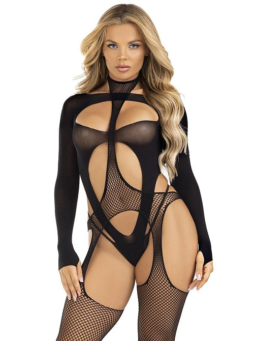 Бодістокінг 2 в 1 Leg Avenue Bodystocking with cutout teddy, One Size, чорний, панчохи-сітки і тедді Sex Aura Київ - фото 3