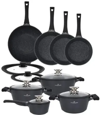 ZWIEGER BLACK STONE Набір каструль z pokrywkami 20, 24, 28 cm + Рондель 16 Сковорідки Вок 32 Кришки Tadar Київ