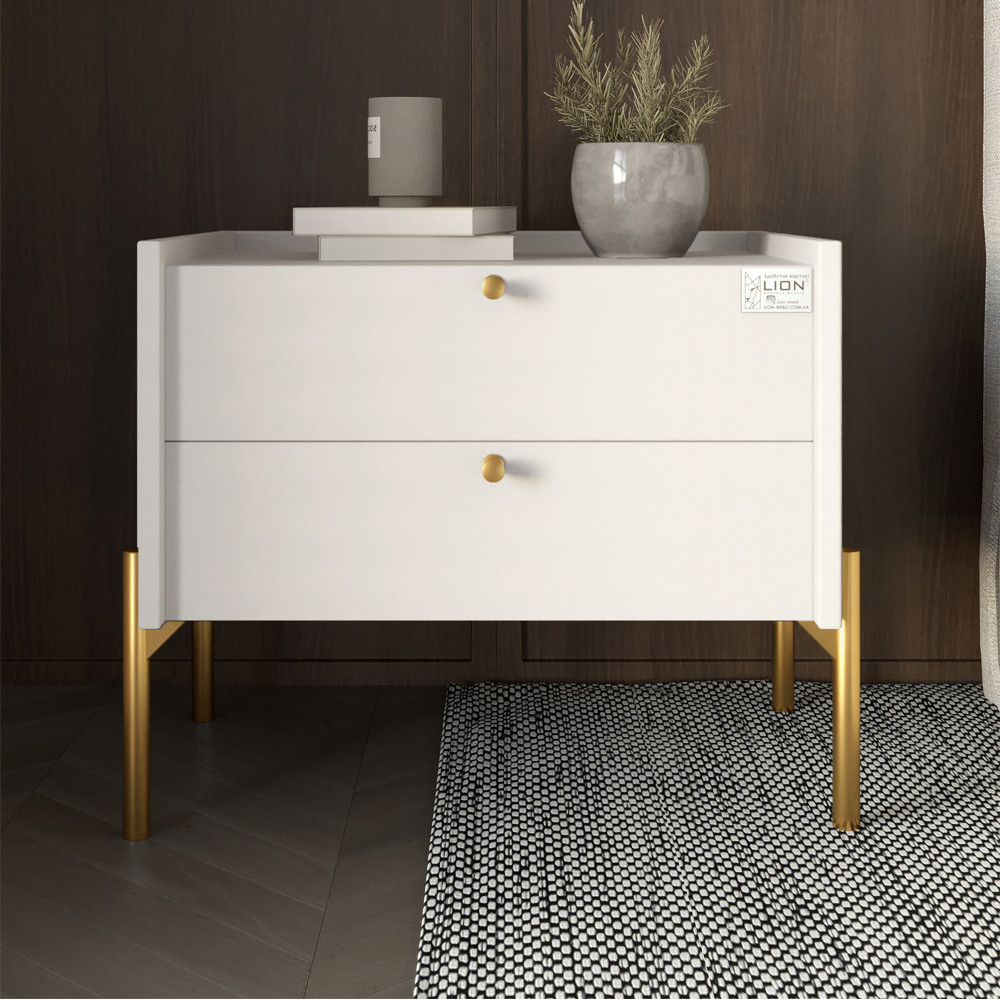 Тумба прикроватная LION Wood с двумя ящиками Нимфея Альба (белый) (золотые ножки) (LION-041357) ТОП Львов - изображение 1