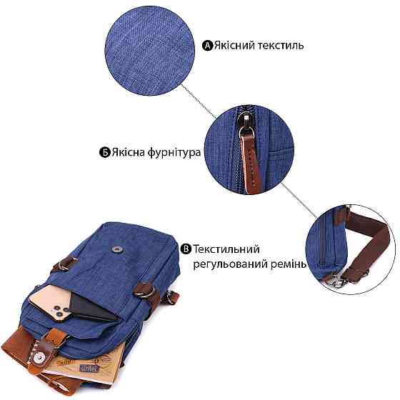 Интересная плечевая сумка для мужчин из плотного текстиля Vintage 22190 Синий Киев