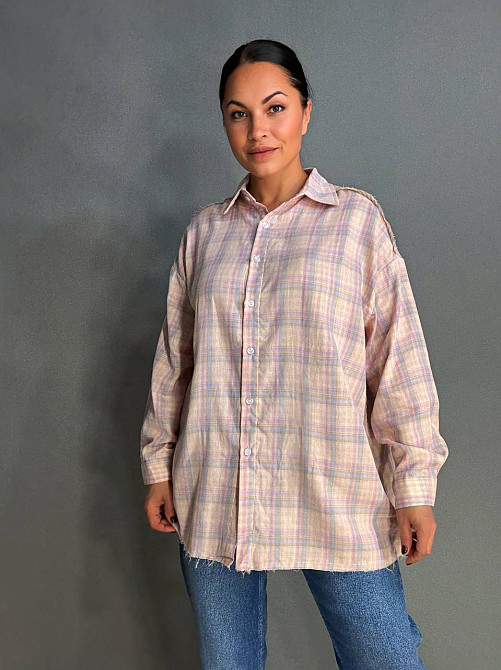 Рубашка женская A-N 27069 оверсайз двухслойная в клетку с бахромой, розовый, one size Киев - изображение 1