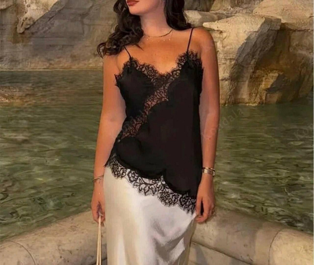 Жіночий романтичний привабливий шовковий топ із мереживом Чорний, 2XL-3XL Одеса - фото 1