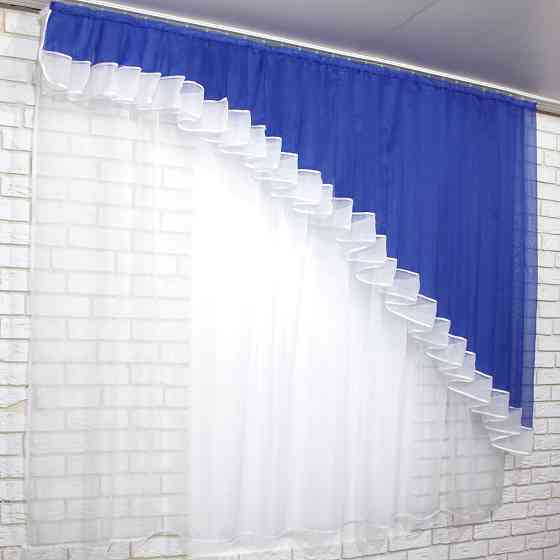 Кухонний комплект VR-Textil № 062к шторка з ламбрекеном синій з білим 200х170 см (50-614) Київ