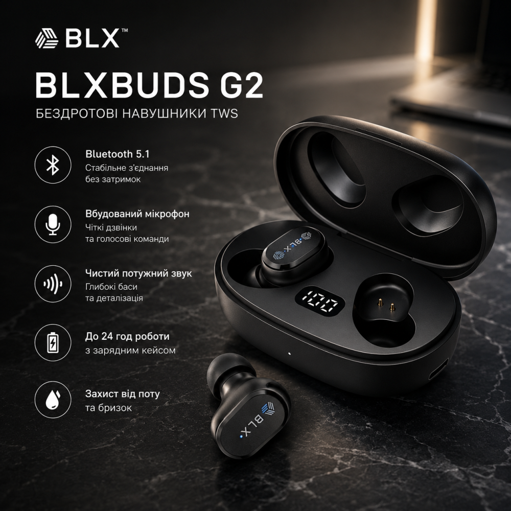 Бездротові навушники Blaux BLXBUDS G2 TWS Bluetooth 5.1 вакуумні з мікрофоном та кейсом Чорні Київ - фото 10